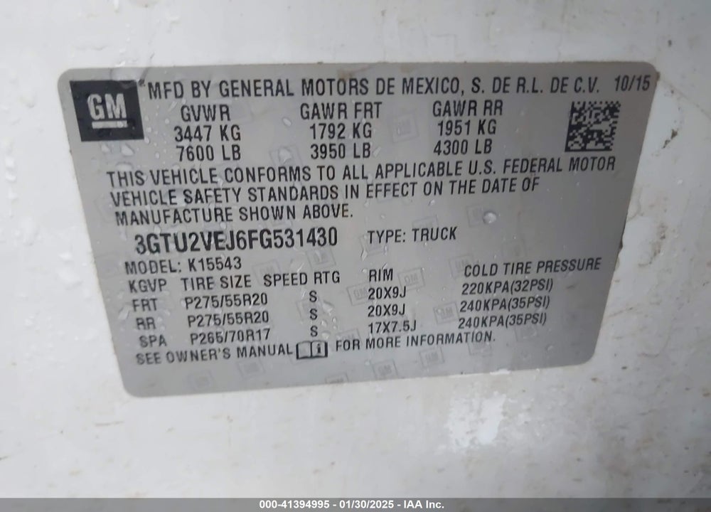 2015 GMC SIERRA 1500 VIN: 3GTU2VEJ6FG531430