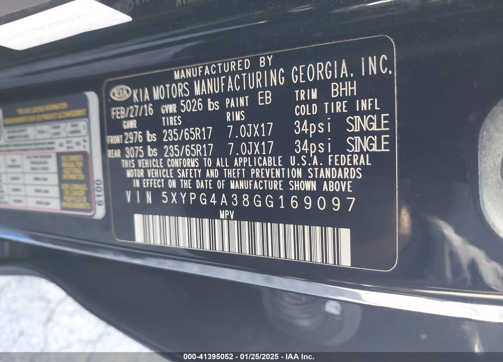 2016 KIA SORENTO 2.4L LX VIN: 5XYPG4A38GG169097