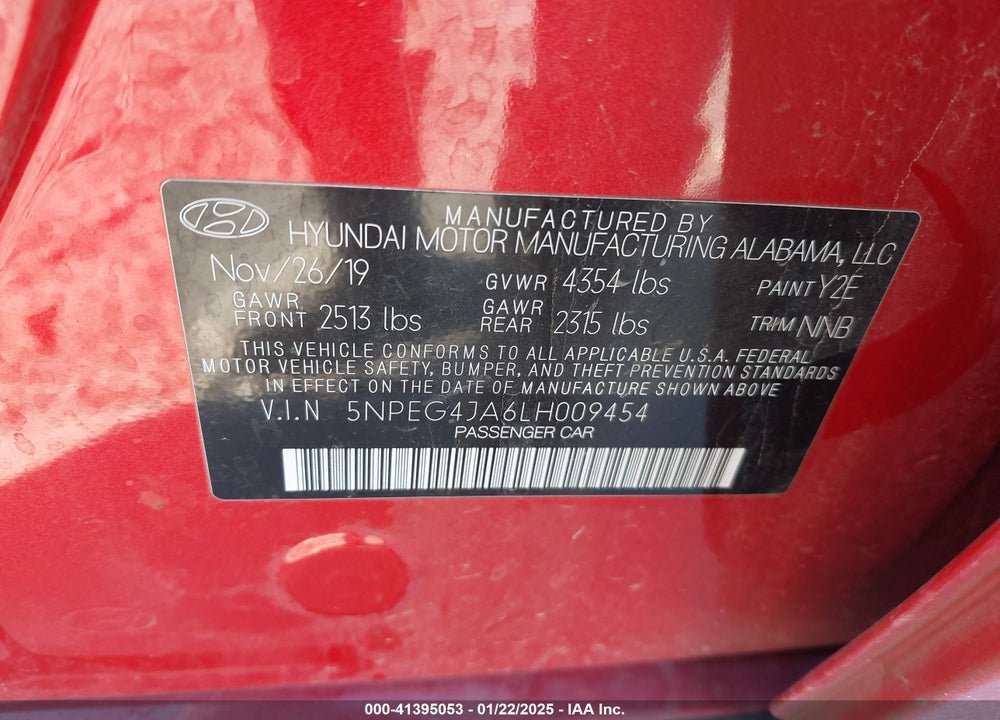 2020 HYUNDAI SONATA VIN: 5NPEG4JA6LH009454