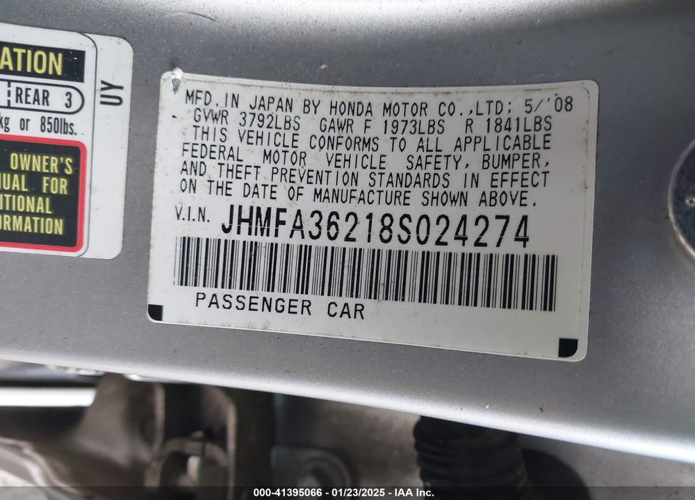 2008 HONDA CIVIC VIN: JHMFA36218S024274