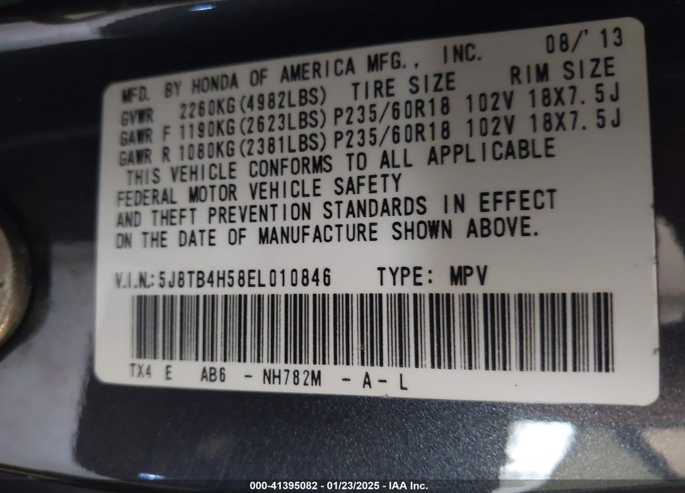 2014 ACURA RDX VIN: 5J8TB4H58EL010846