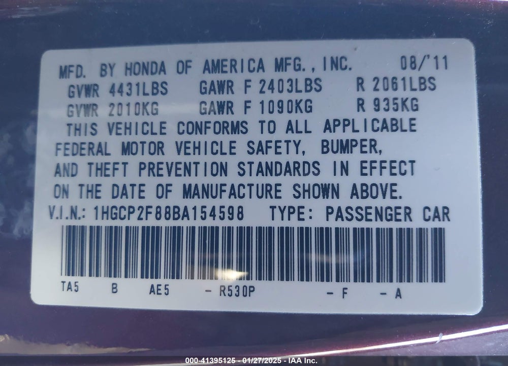 2011 HONDA ACCORD VIN: 1HGCP2F88BA154598