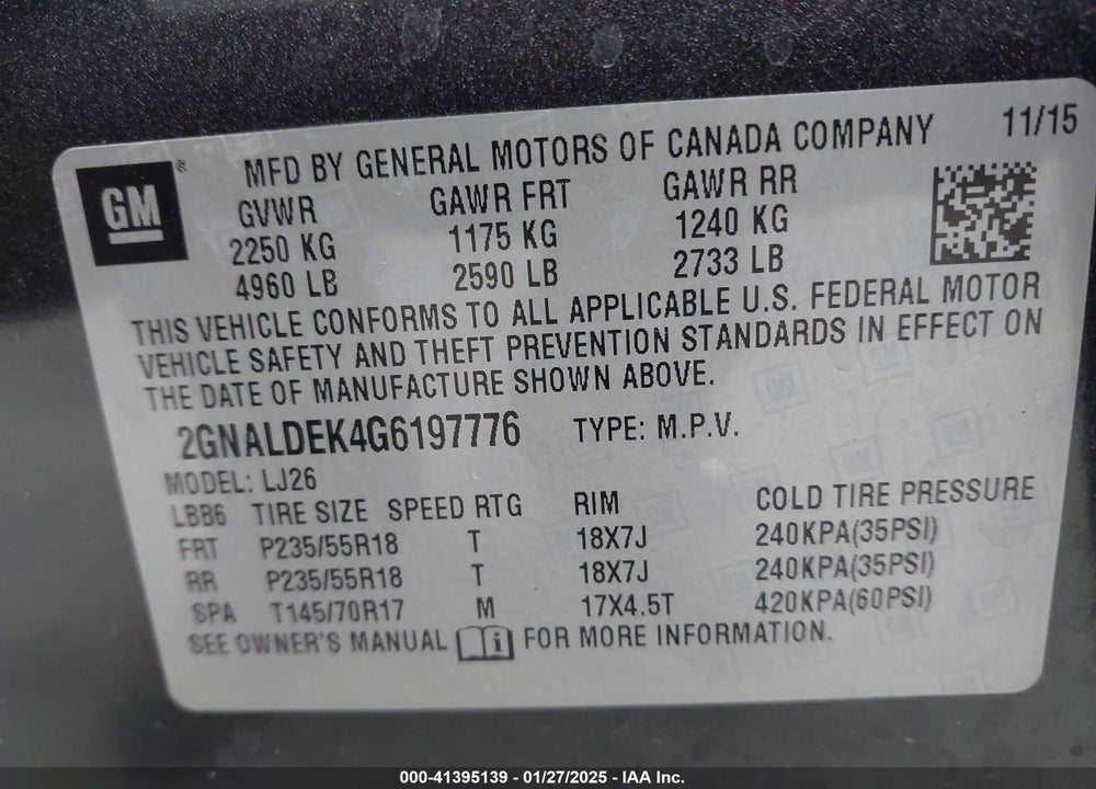 2016 CHEVROLET EQUINOX LTZ VIN: 2GNALDEK4G6197776