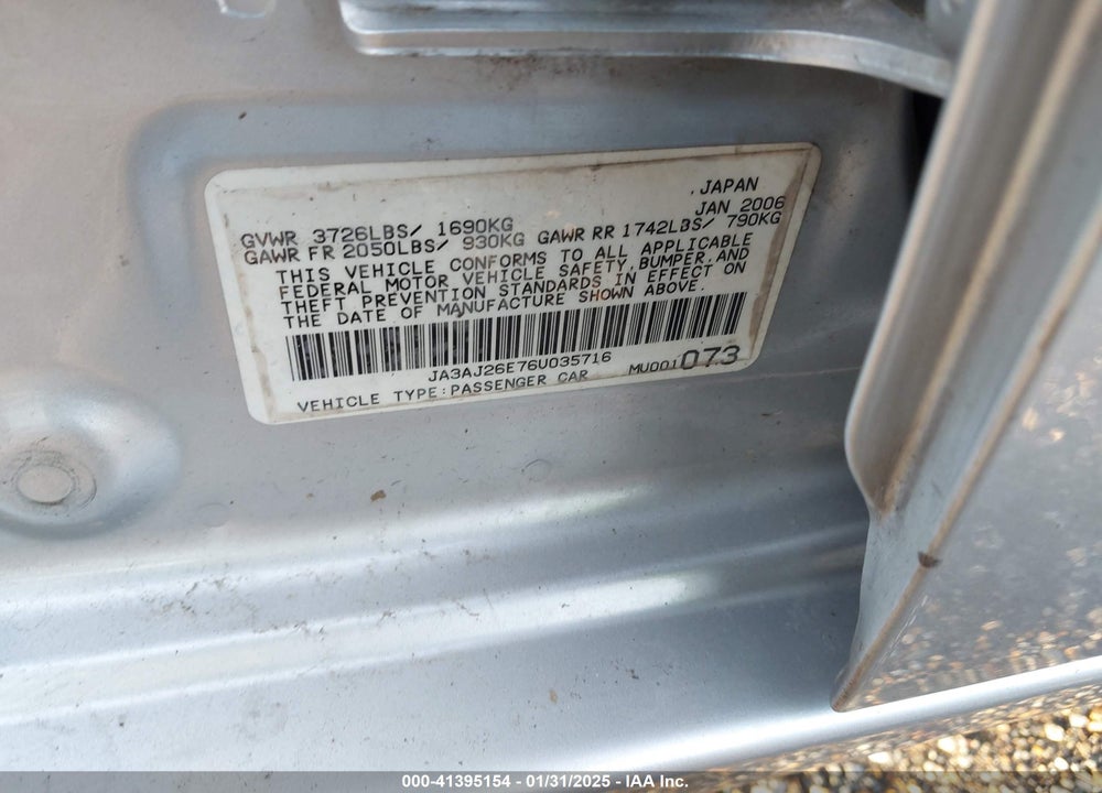 2006 MITSUBISHI LANCER VIN: JA3AJ26E76U035716