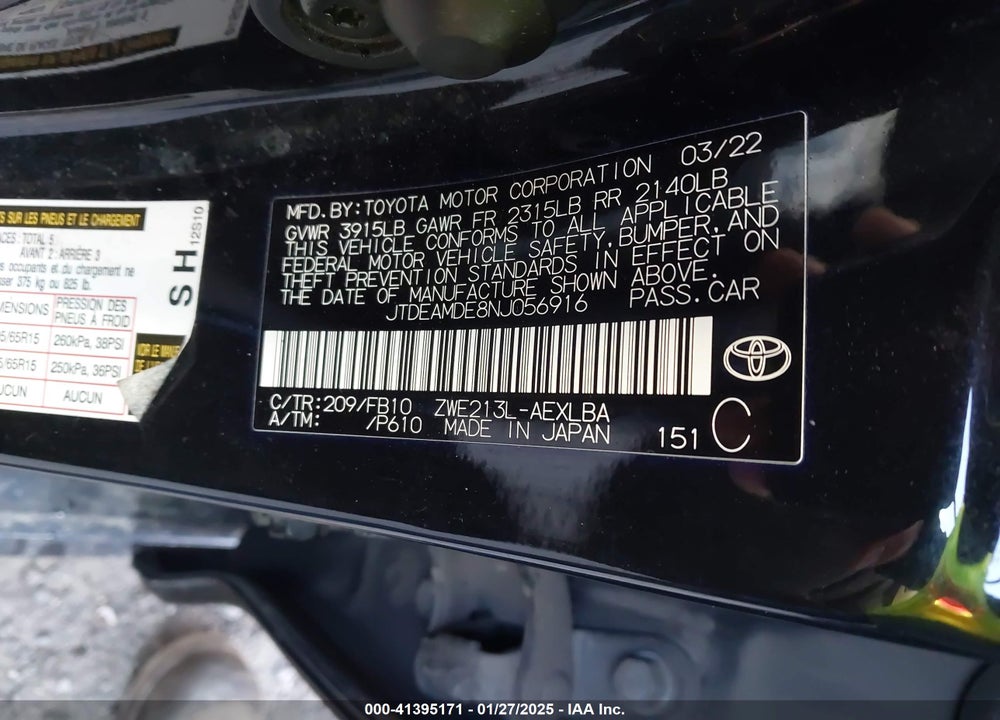 2022 TOYOTA COROLLA VIN: JTDEAMDE8NJ056916