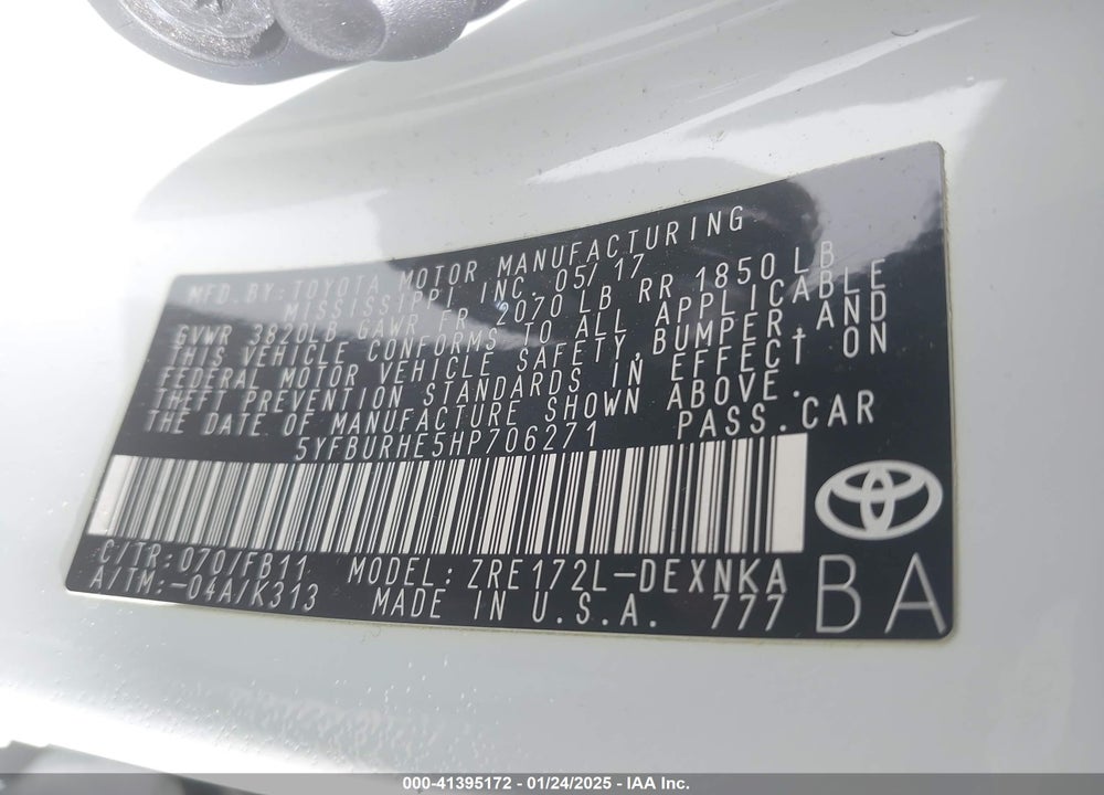 2017 TOYOTA COROLLA LE VIN: 5YFBURHE5HP706271
