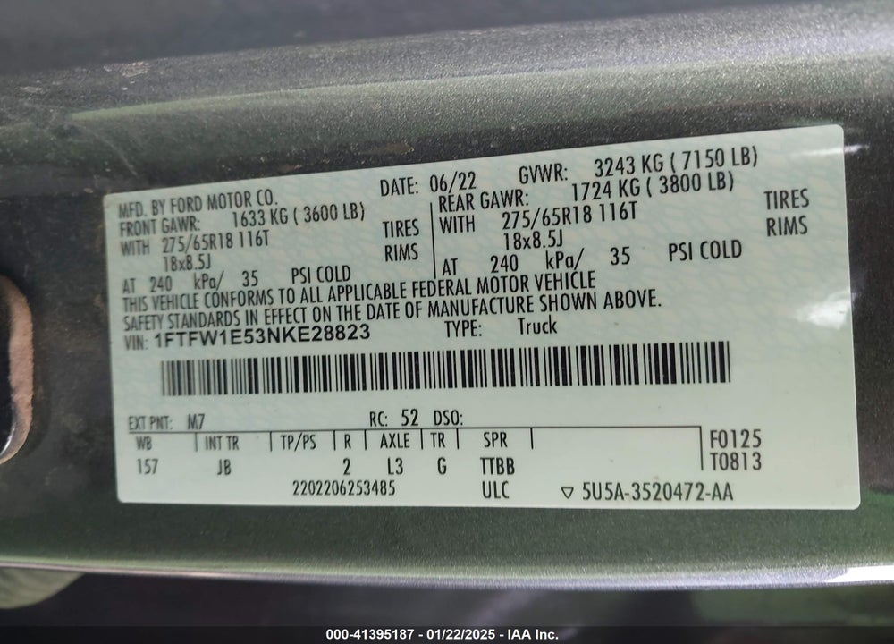 2022 FORD F-150 VIN: 1FTFW1E53NKE28823