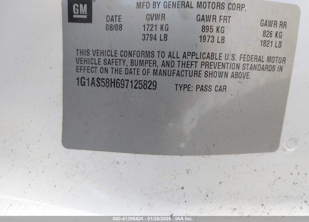 2009 CHEVROLET COBALT LS VIN: 1G1AS58H697125829