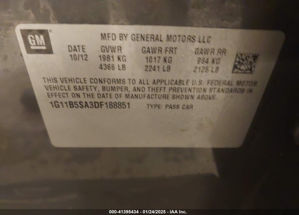 2013 CHEVROLET MALIBU VIN: 1G11B5SA3DF188851