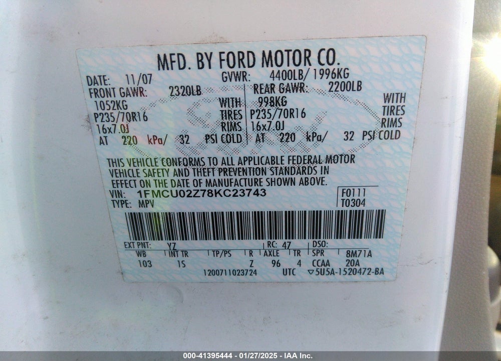 2008 FORD ESCAPE XLS/XLS MANUAL VIN: 1FMCU02Z78KC23743