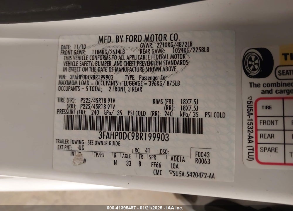 2011 FORD FUSION VIN: 3FAHP0DC9BR199903
