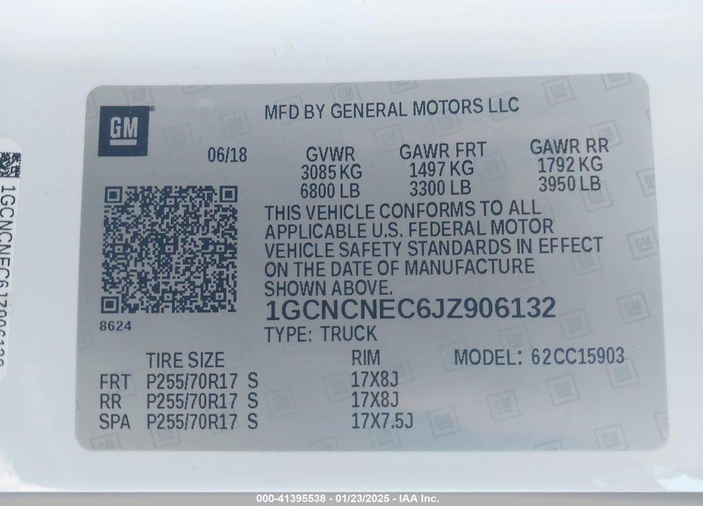 2018 CHEVROLET SILVERADO VIN: 1GCNCNEC6JZ906132