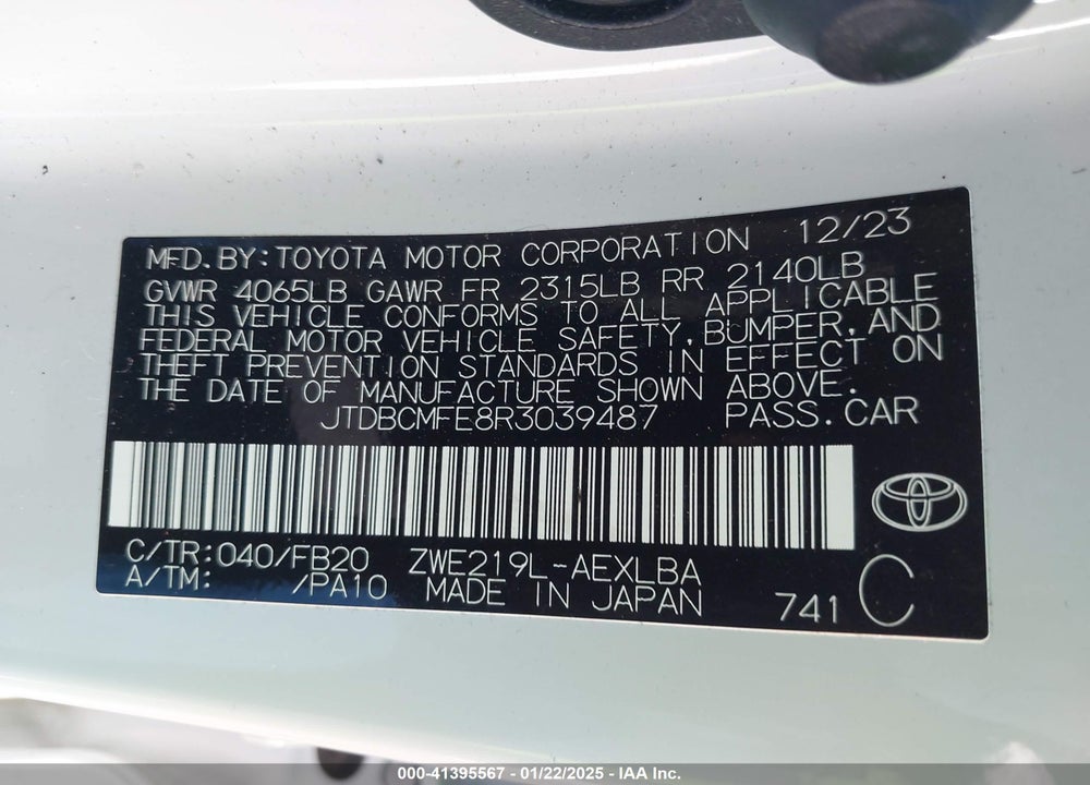 2024 TOYOTA COROLLA HYBRID LE VIN: JTDBCMFE8R3039487
