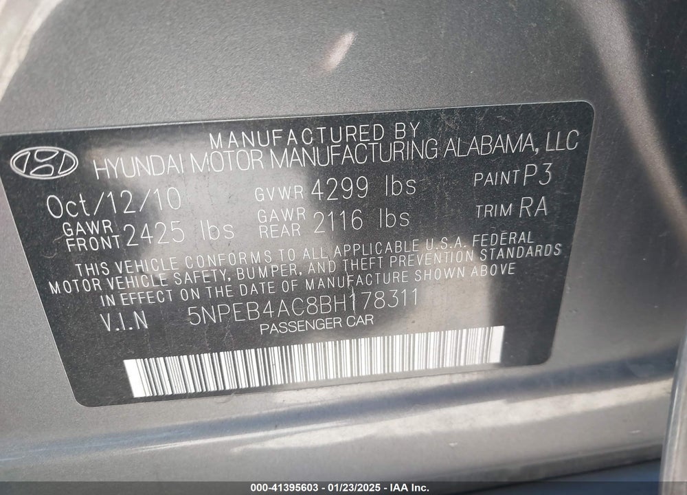 2011 HYUNDAI SONATA GLS VIN: 5NPEB4AC8BH178311