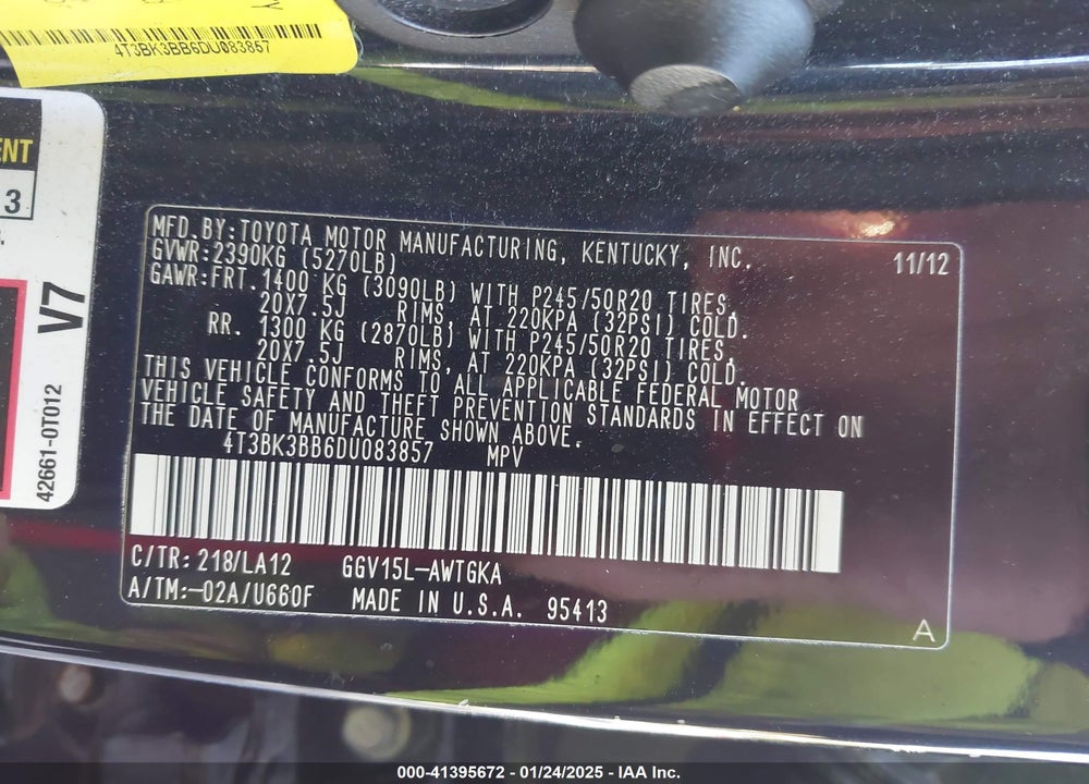 2013 TOYOTA VENZA LE/XLE/LIMITED VIN: 4T3BK3BB6DU083857
