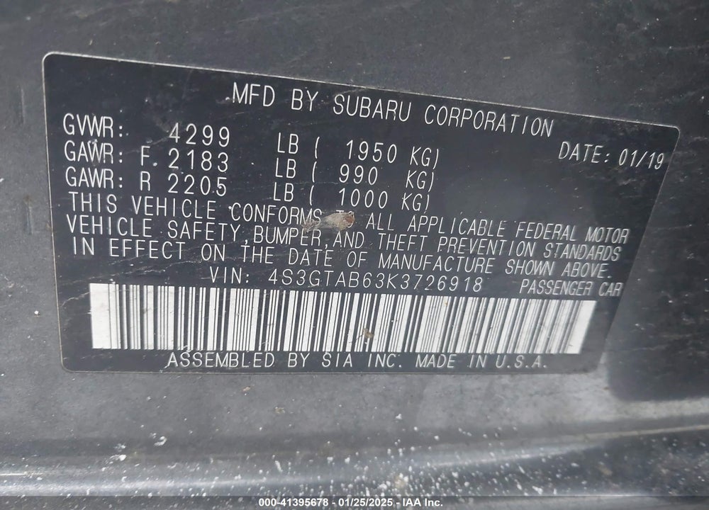 2019 SUBARU IMPREZA VIN: 4S3GTAB63K3726918