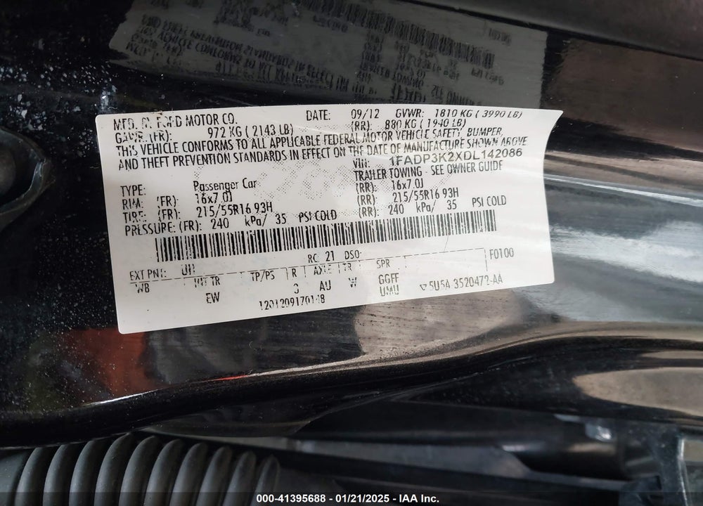 2013 FORD FOCUS VIN: 1FADP3K2XDL142086