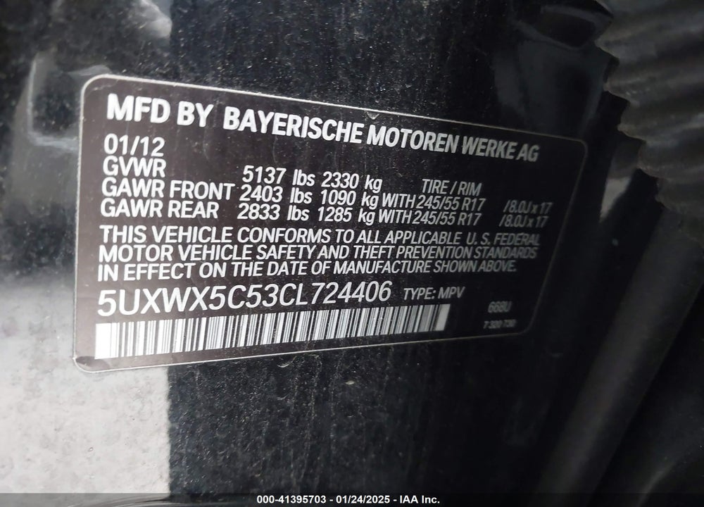 2012 BMW X3 XDRIVE28I VIN: 5UXWX5C53CL724406