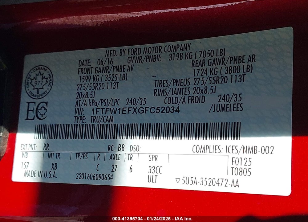 2016 FORD F-150 VIN: 1FTFW1EFXGFC52034