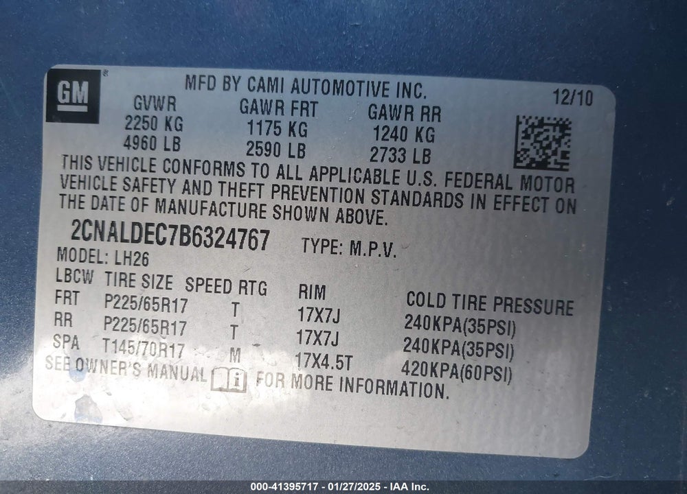 2011 CHEVROLET EQUINOX 1LT VIN: 2CNALDEC7B6324767