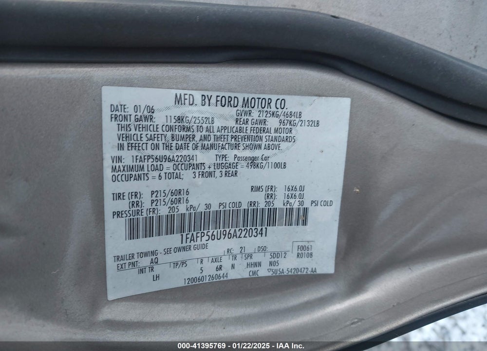 2006 FORD TAURUS VIN: 1FAFP56U96A220341