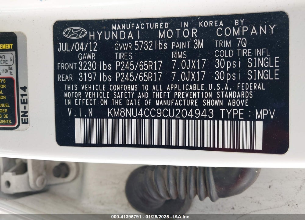 2012 HYUNDAI VERACRUZ GLS VIN: KM8NU4CC9CU204943