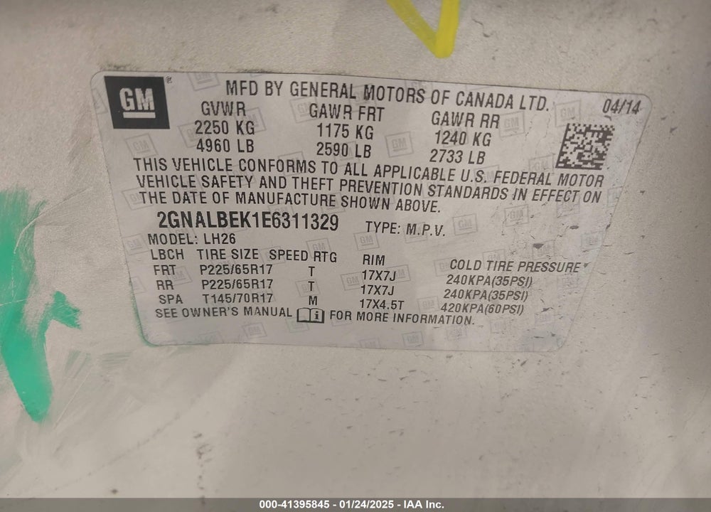 2014 CHEVROLET EQUINOX 1LT VIN: 2GNALBEK1E6311329