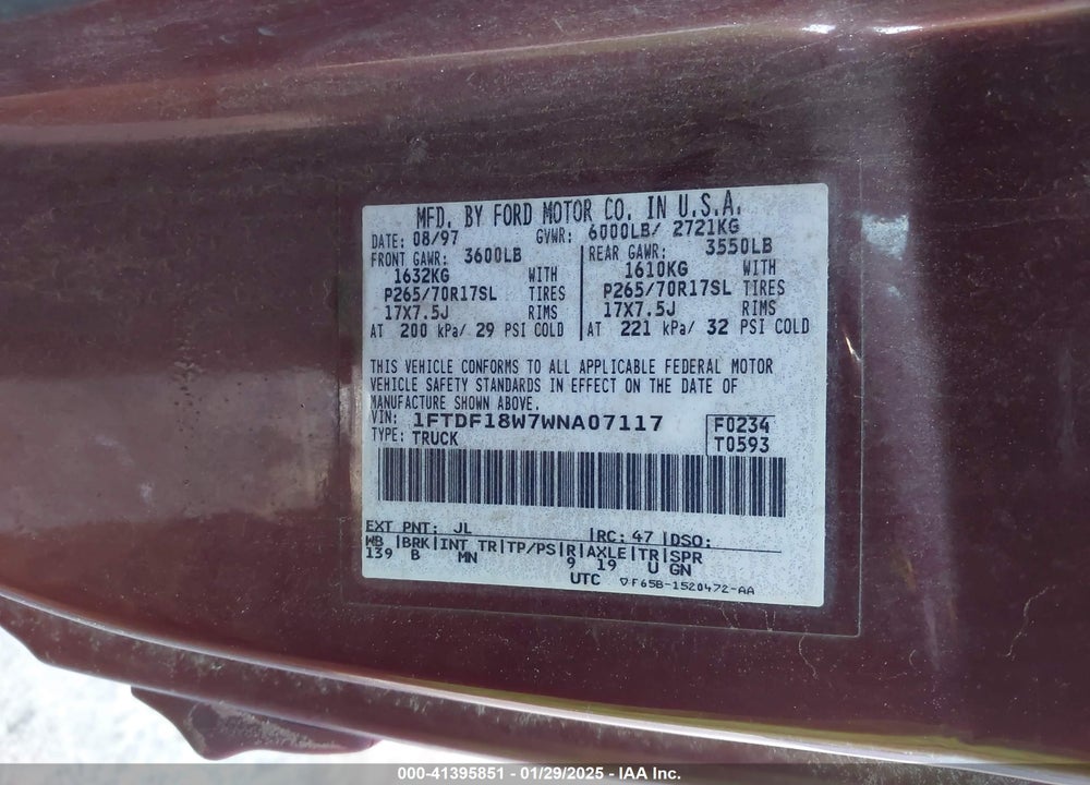 1998 FORD F-150 LARIAT/STANDARD/XL/XLT VIN: 1FTDF18W7WNA07117