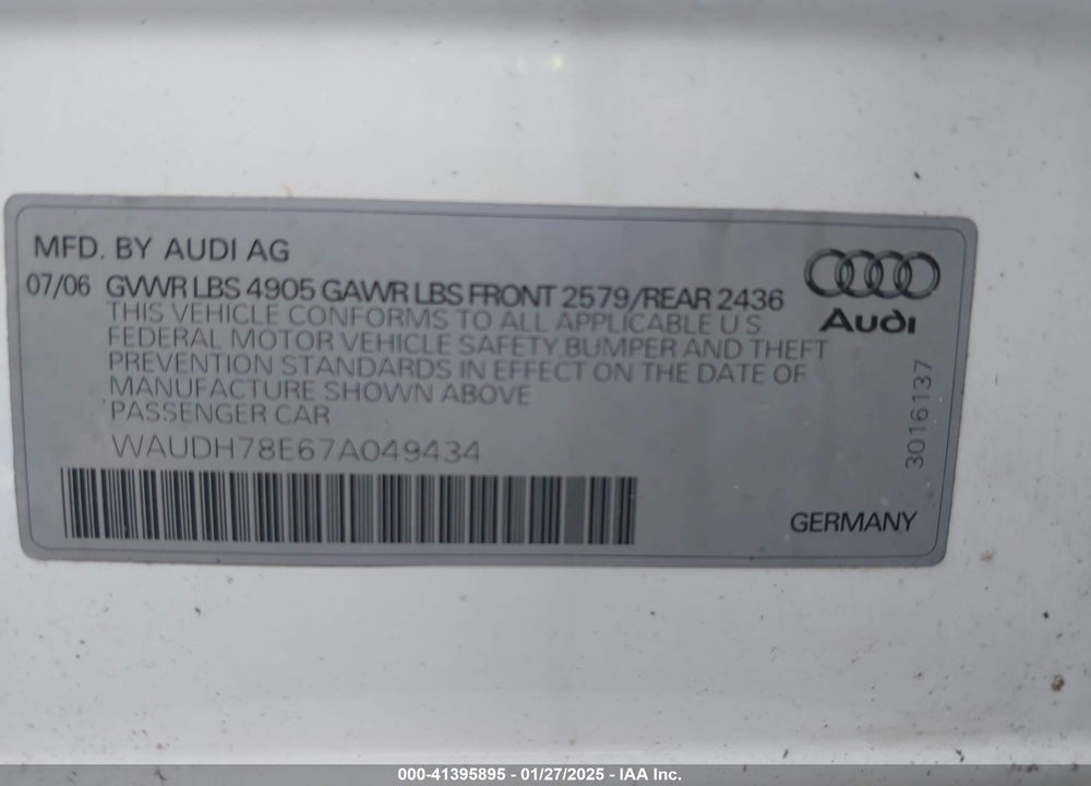 2007 AUDI A4 VIN: WAUDH78E67A049434