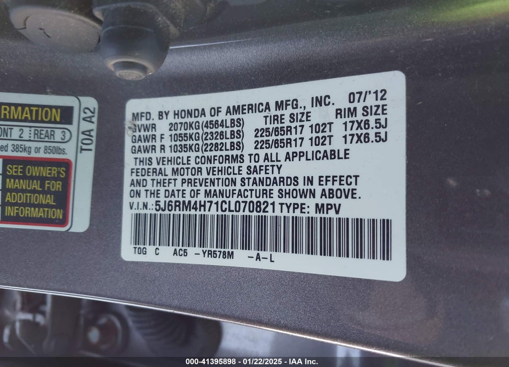 2012 HONDA CR-V EX-L VIN: 5J6RM4H71CL070821