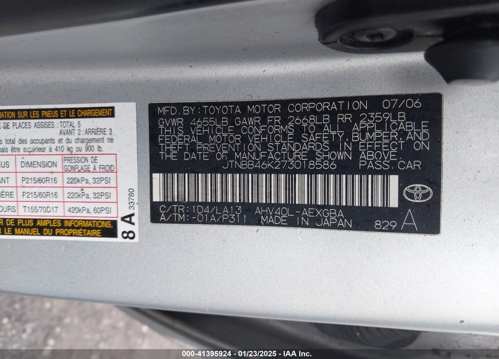 2007 TOYOTA CAMRY HYBRID VIN: JTNBB46K273018586