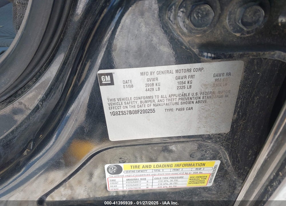 2008 SATURN AURA VIN: 1G8ZS57B08F200255
