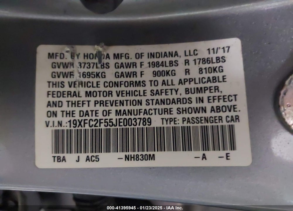 2018 HONDA CIVIC VIN: 19XFC2F55JE003789