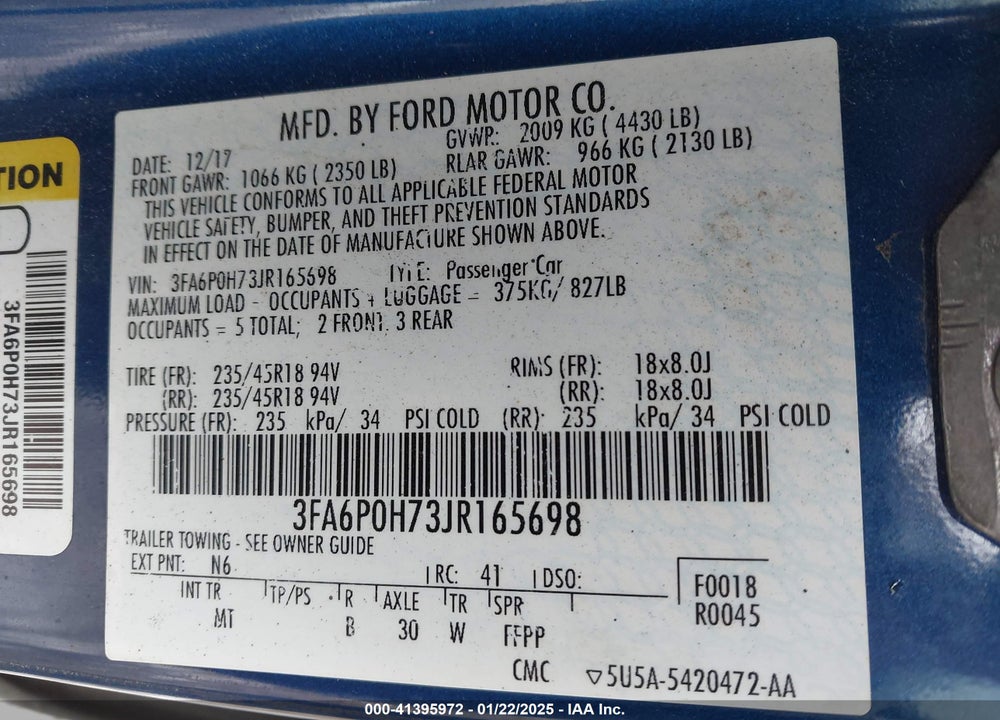 2018 FORD FUSION VIN: 3FA6P0H73JR165698