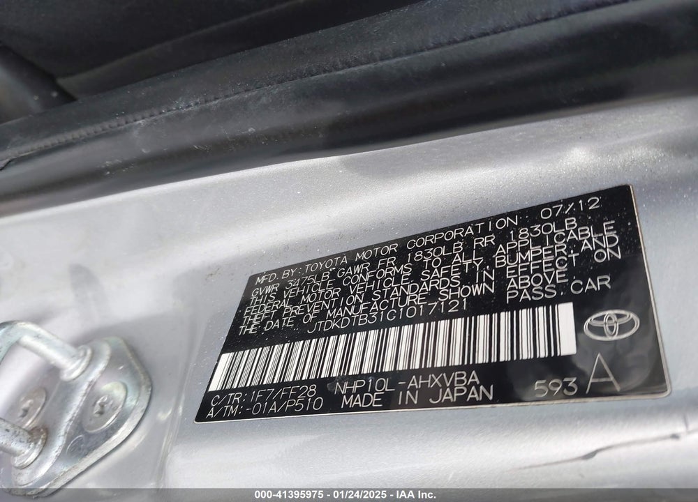 2012 TOYOTA PRIUS C VIN: JTDKDTB31C1017121