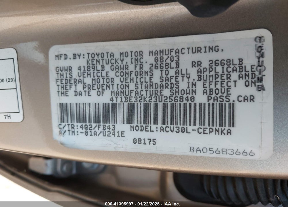2003 TOYOTA CAMRY LE VIN: 4T1BE32K23U256840