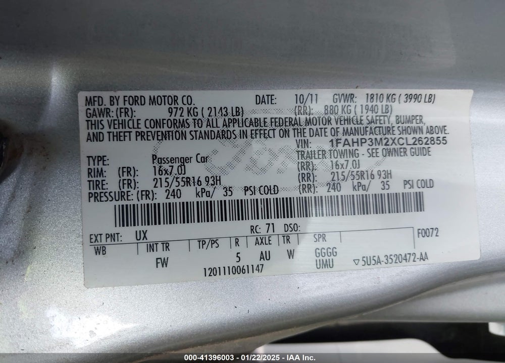 2012 FORD FOCUS SEL VIN: 1FAHP3M2XCL262855