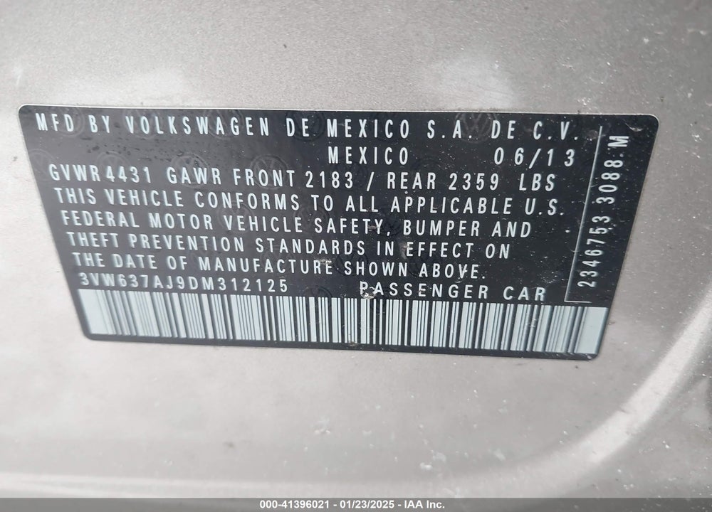 2013 VOLKSWAGEN JETTA HYBRID VIN: 3VW637AJ9DM312125