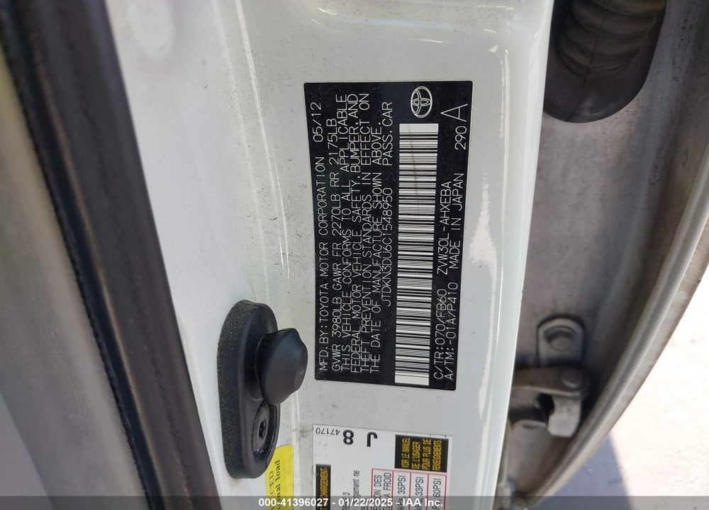 2012 TOYOTA PRIUS VIN: JTDKN3DU6C1548950