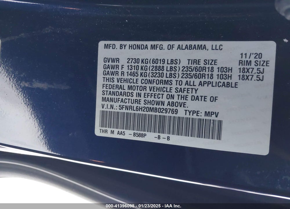 2021 HONDA ODYSSEY LX VIN: 5FNRL6H20MB029769