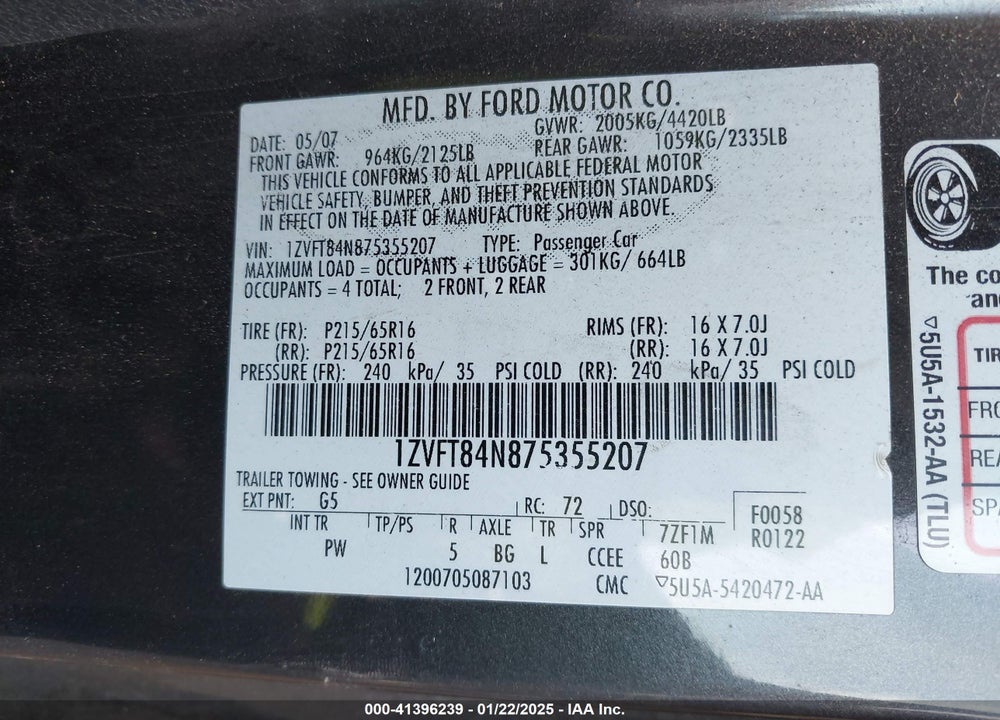 2007 FORD MUSTANG VIN: 1ZVFT84N875355207