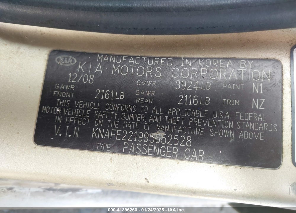 2009 KIA SPECTRA VIN: KNAFE221995652528