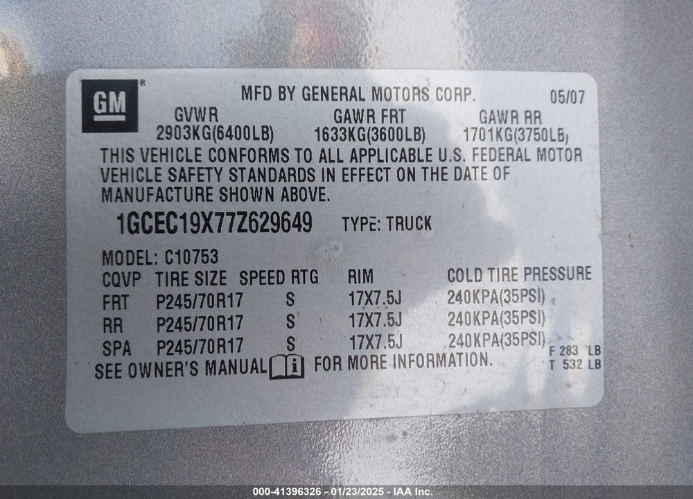 2007 CHEVROLET SILVERADO 1500 VIN: 1GCEC19X77Z629649