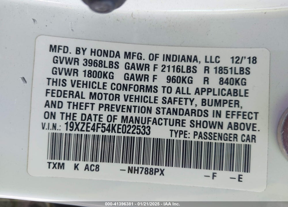 2019 HONDA INSIGHT VIN: 19XZE4F54KE022533