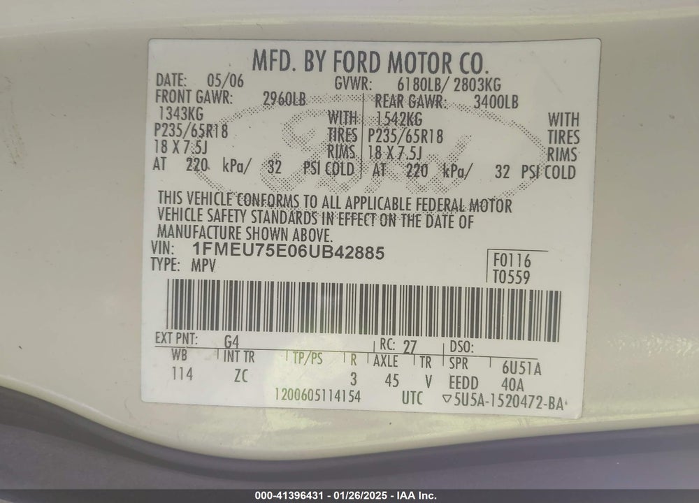 2006 FORD EXPLORER LIMITED VIN: 1FMEU75E06UB42885