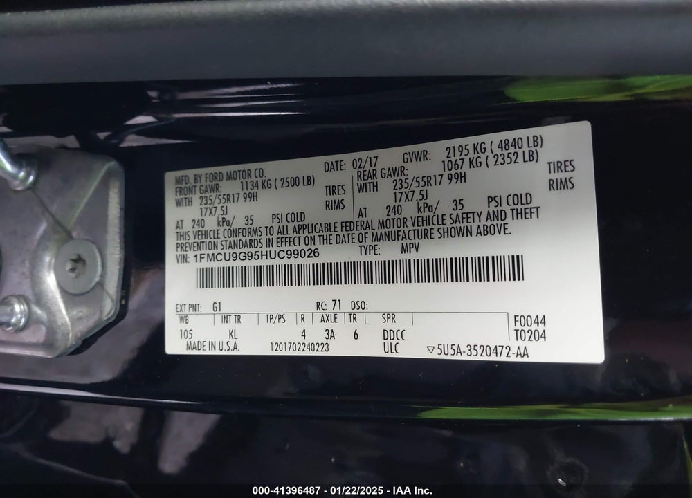 2017 FORD ESCAPE SE VIN: 1FMCU9G95HUC99026