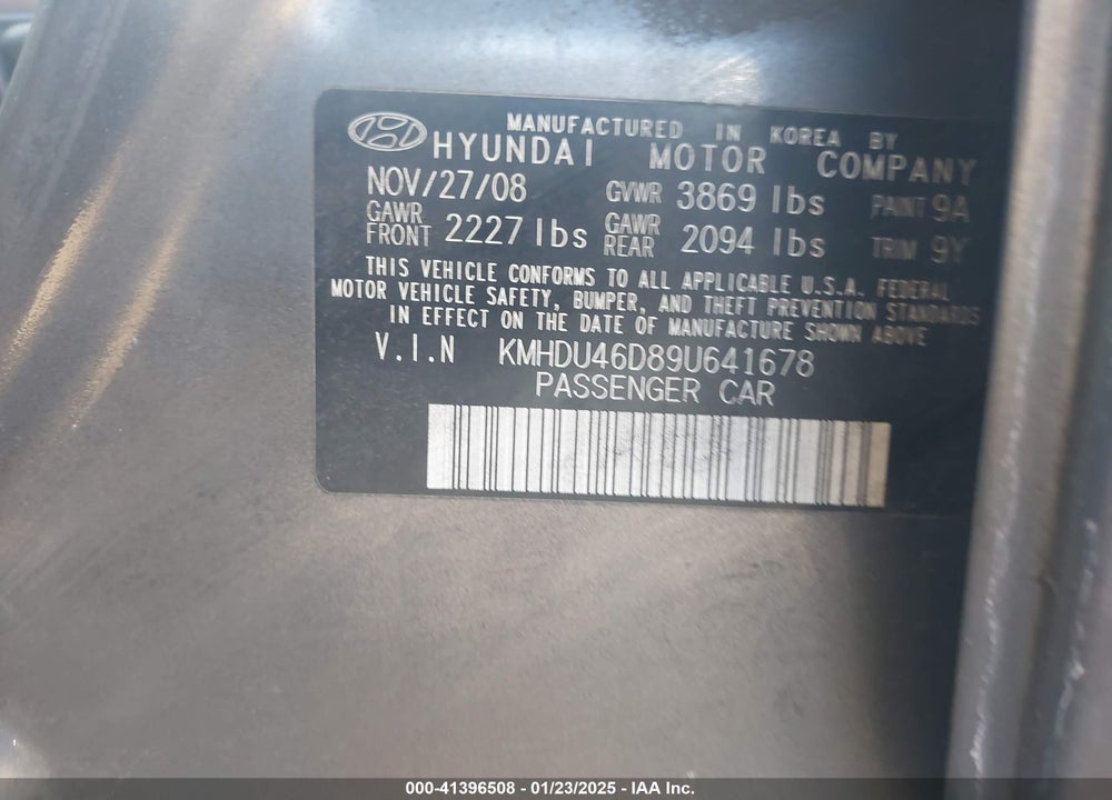 2009 HYUNDAI ELANTRA VIN: KMHDU46D89U641678