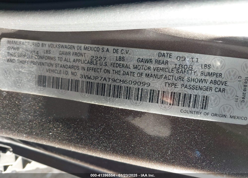 2012 VOLKSWAGEN BEETLE VIN: 3VWJP7AT9CM609099