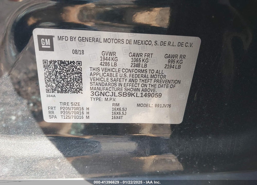 2019 CHEVROLET TRAX LT VIN: 3GNCJLSB9KL149059