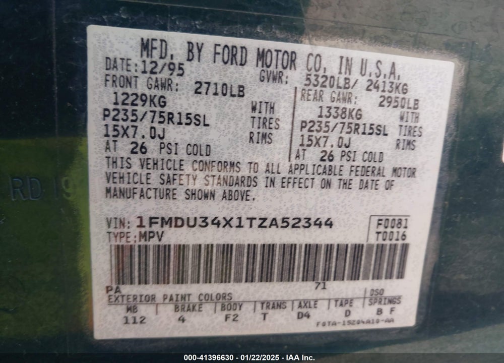 1996 FORD EXPLORER VIN: 1FMDU34X1TZA52344